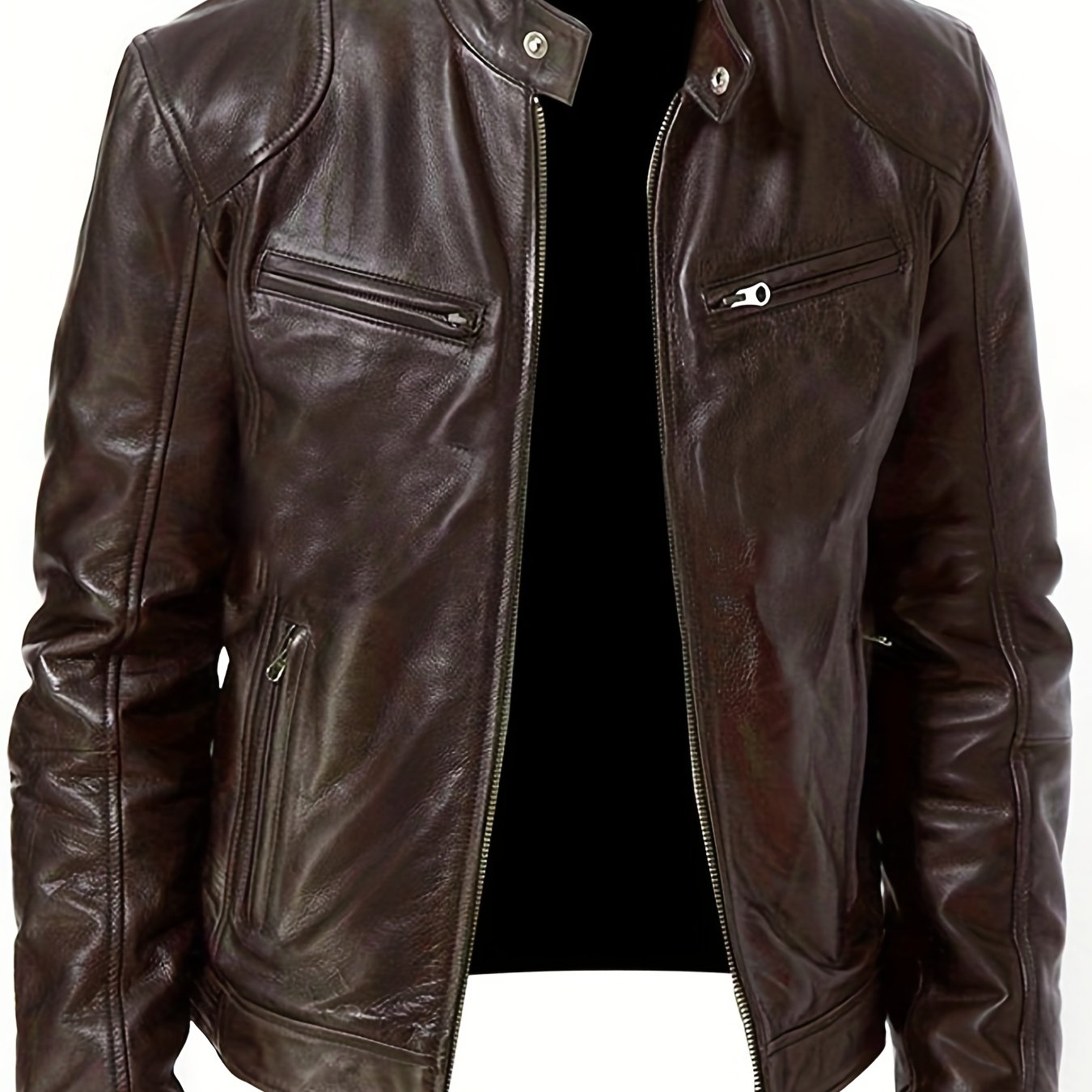 Men's Casual Solid Zip Up Stand Collar Faux Leather Jacket