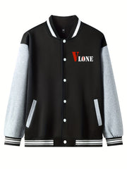 V Letter Print Teddy Bear Pattern Graphic Baseball Jacket Men's Clothes
