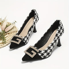 Women's Houndstooth High Heels Rhinestone G Letter Buckle Stiletto Heels