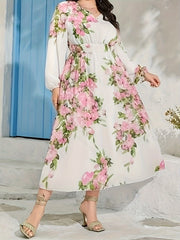 Abaya Dress Floral Print Lantern Sleeve V Neck Maxi Jalabiya Dress