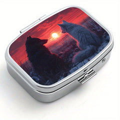 Dual Wolf Pill Organizer 2 Compartment Medicine Case Portable Metal Box