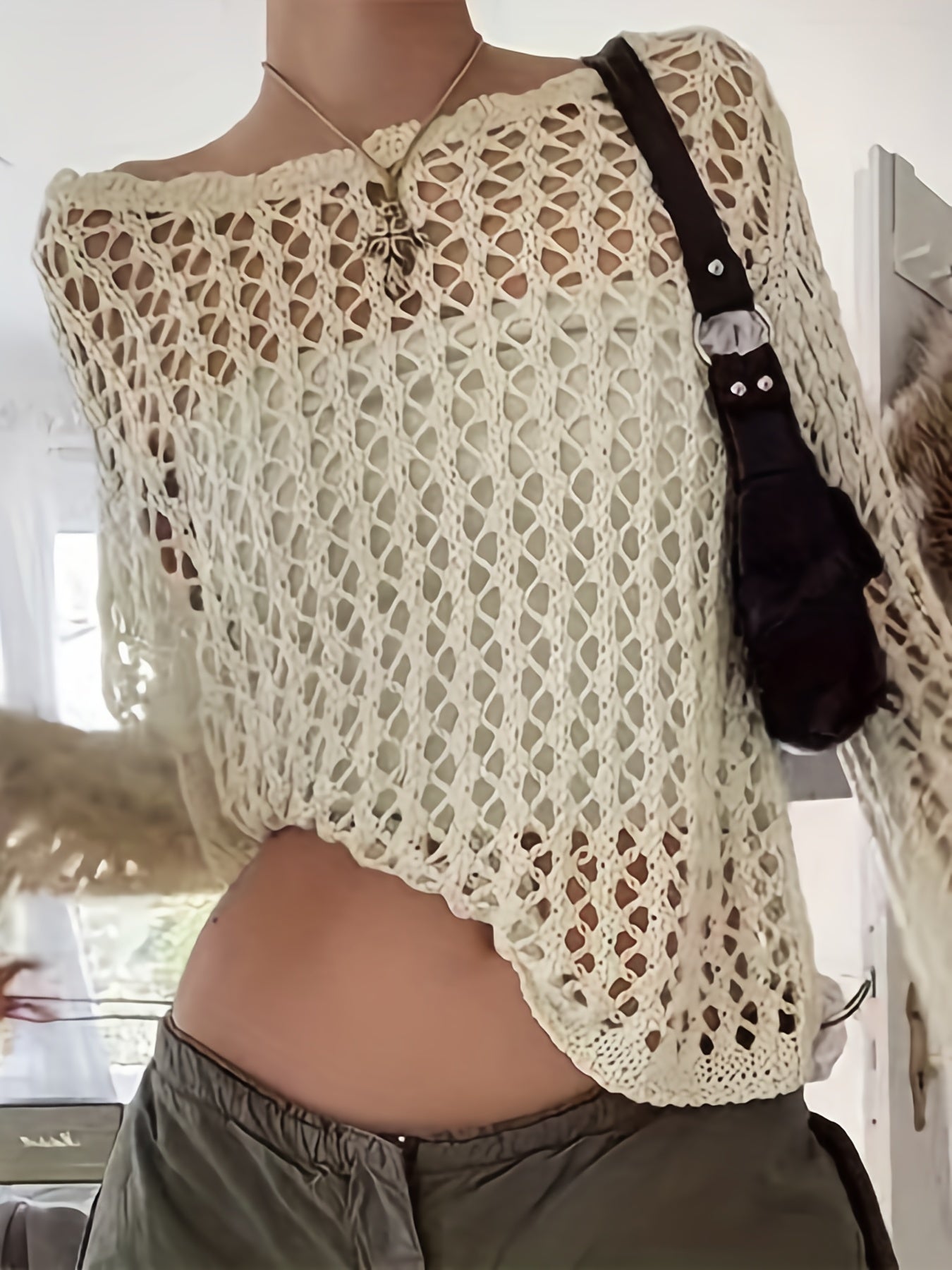 Crochet Beach Wear Knit Sweater Solid Crew Neck Long Sleeve Summer Sweater