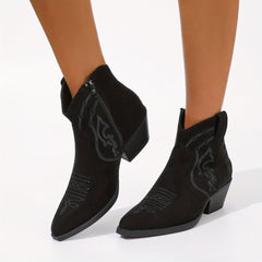 Women's Retro Western Ankle Boots Pointed Toe Solid Embroidered Chunky Heels