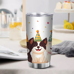 20oz Stainless Steel Mug Smiling Dogs Party Hats Leakproof Lid Travel Cup