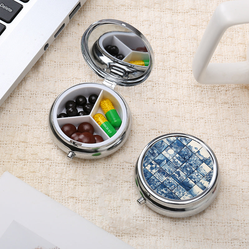 Artistic Glass Print Round Pill Organizer with 3 Compartments