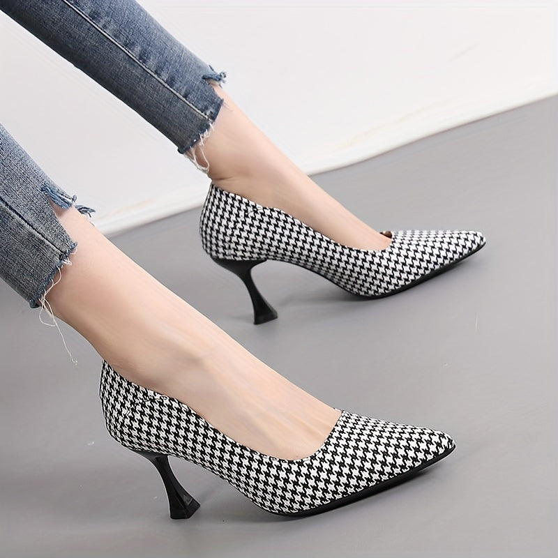 Women's Houndstooth Stiletto Heels Pointed Toe Dress Pumps