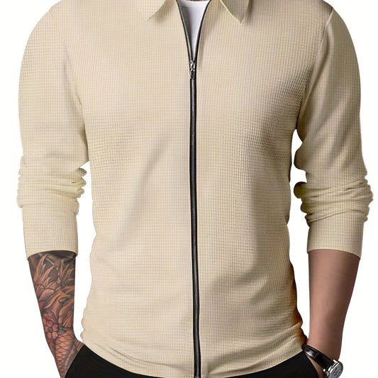 Men's Full Zip Up Waffle Pattern Jacket Lapel Coat Spring Fall