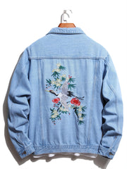 Men's Crane Embroidered Denim Jacket Hip Hop Style
