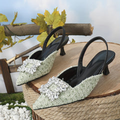 Women's Tweed Kitten Heels Rhinestone Square Buckle Slingback Sandals