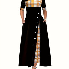 Plaid Print Splicing Dress Casual Crew Neck Short Sleeve Summer Asymmetrical Dre