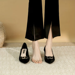 Women's Pointed Toe Kitten Heels with Metallic Buckle Decor