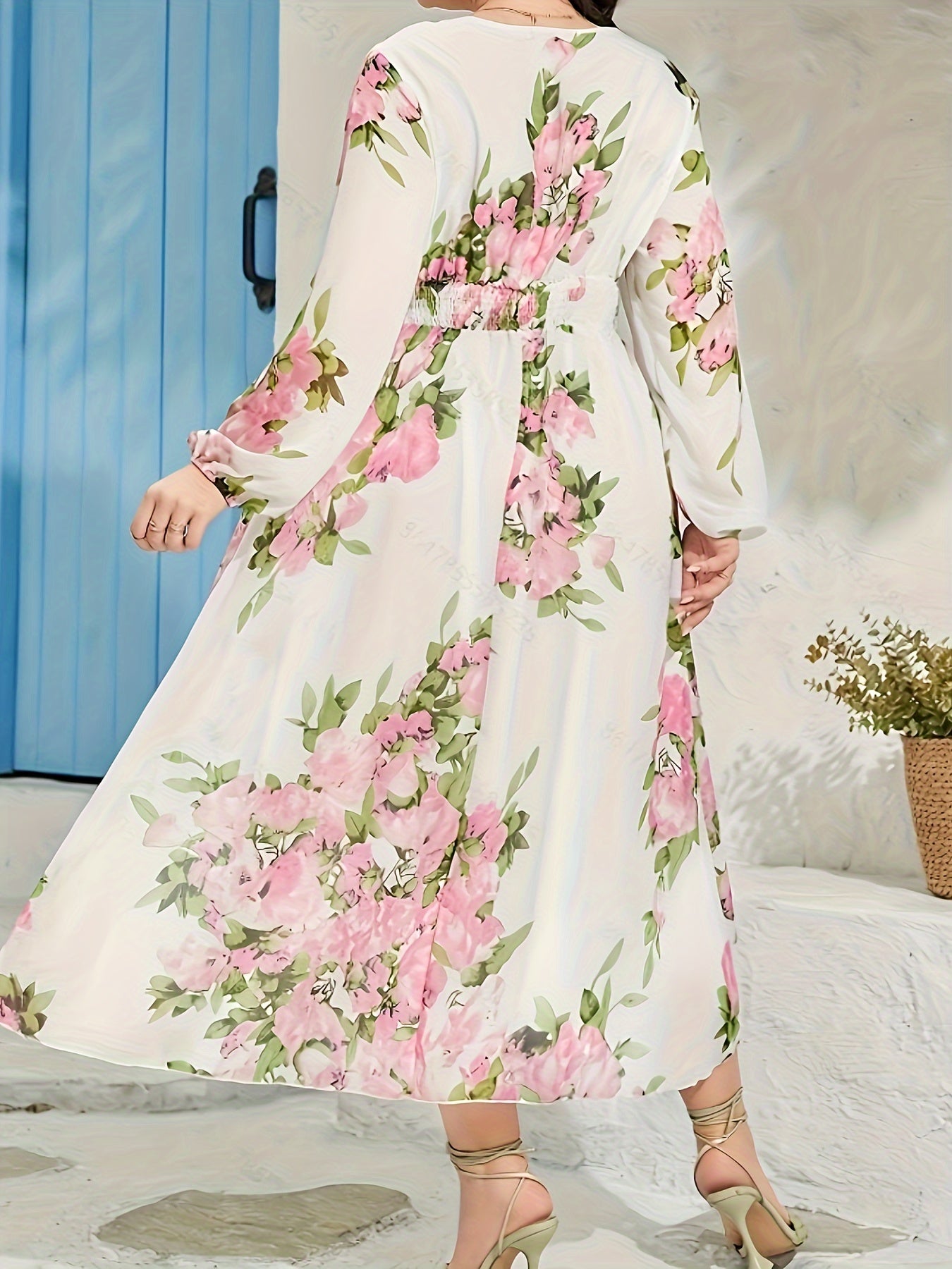 Abaya Dress Floral Print Lantern Sleeve V Neck Maxi Jalabiya Dress