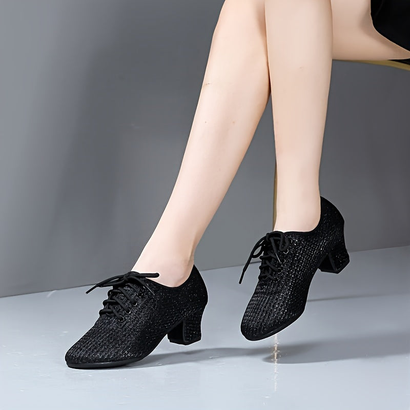 Women's Mesh Breathable Dance Shoes Chunky Heels Jazz Balloon Training Shoes