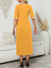 Plaid Print Splicing Dress Casual Crew Neck Short Sleeve Summer Asymmetrical Dre