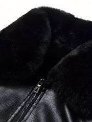 Men's Fleece PU Jacket Solid Zip-Up Fur Collar Faux Leather Fall Winter
