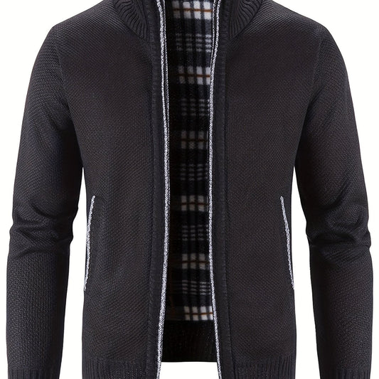 Men's Warm Stand Collar Fleece Jacket Semi-Formal Solid Zip Up Cardigan
