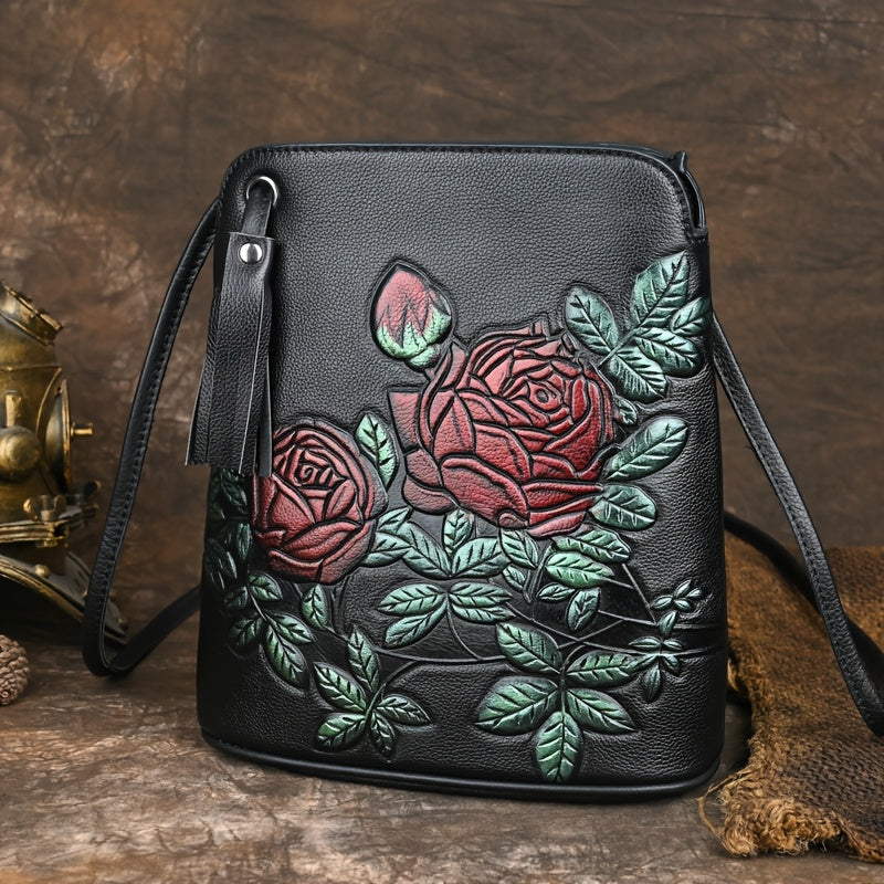 Floral Embossed Leather Crossbody Bucket Bag with Tassel