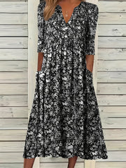 Floral Print V Neck Ruched Dress with Pockets