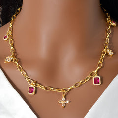 Adjustable Copper Necklace with Four Leaf Clover & Red Cubic Zirconia Pendant