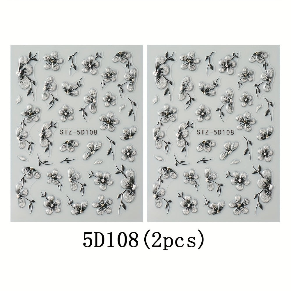 2pcs 5D Floral Nail Art Stickers Set Acrylic Flowers Decals with Glitter