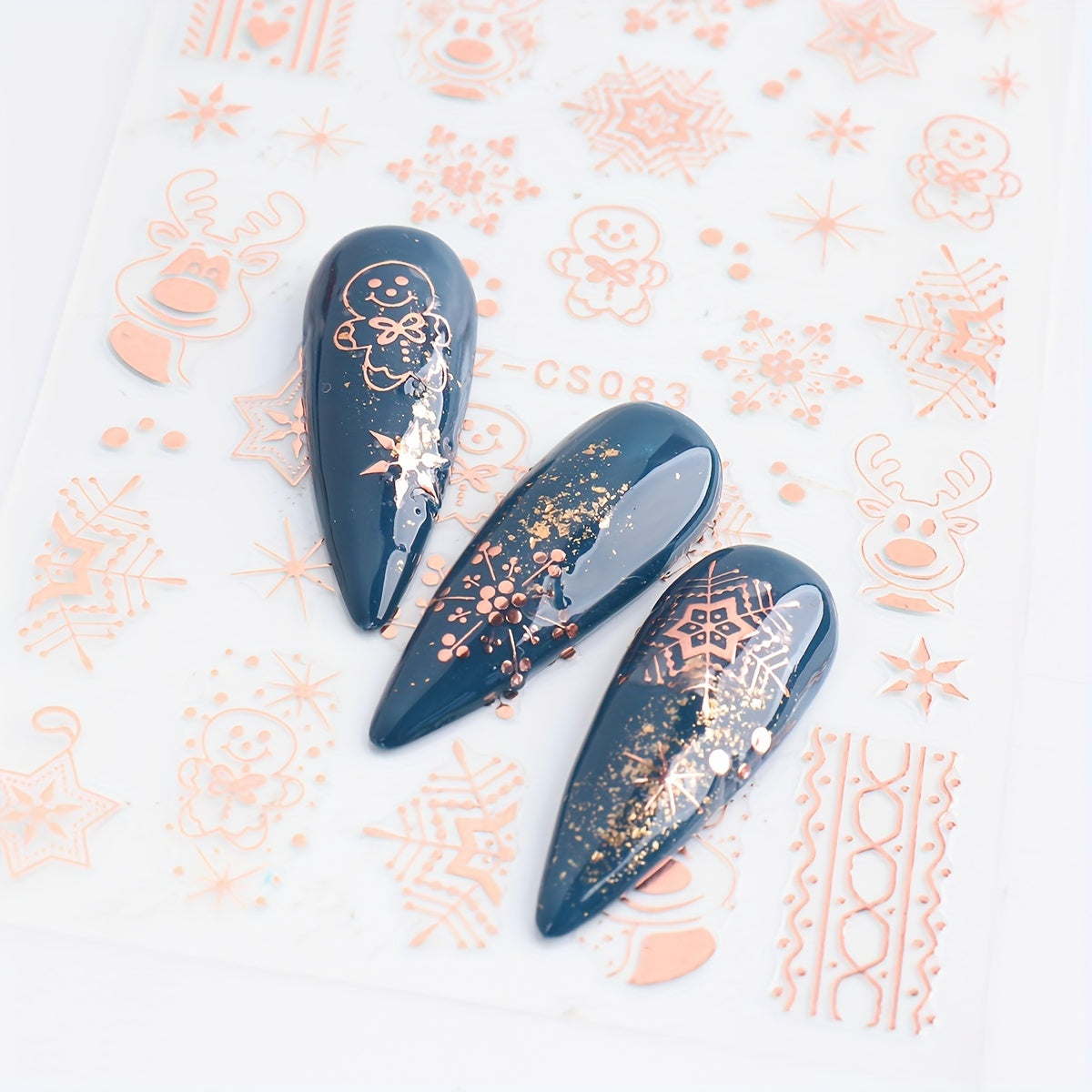 2pcs Christmas Nail Art Stickers Rose Golden & Snowflakes Gingerbread