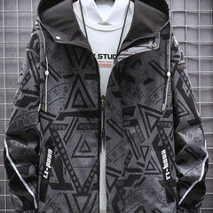 Geometric Pattern Hooded Windbreaker Jacket Men's Zip Up Jacket