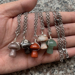 DIY Gemstone Quartz Mushroom Pendant Necklace with Stainless Steel Chain
