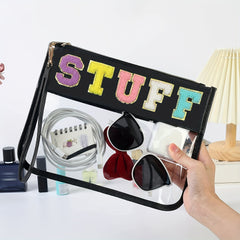 Chenille Letter Zipper Pouch Makeup Bag Clear Waterproof Toiletry Snack Bag