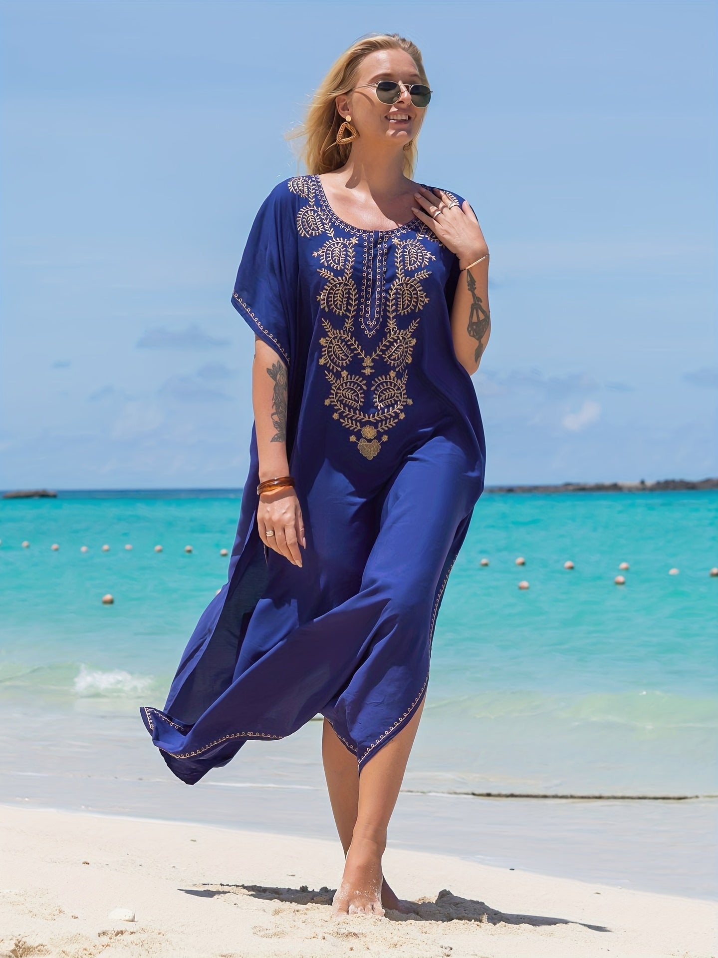 Boho Kaftan Dress Women's Plus Tribal Embroidered Batwing Sleeve