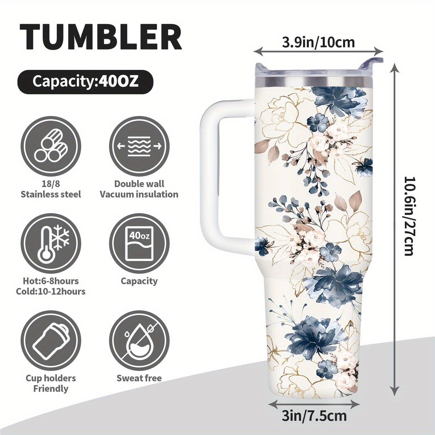 40oz Floral Stainless Steel Tumbler Insulated Coffee Mug