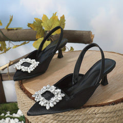 Women's Satin Kitten Heels Rhinestone Buckle Evening Dress Shoes