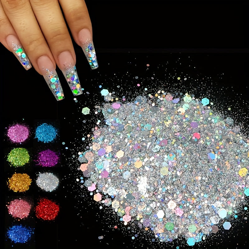 50G Holographic Nail Glitter Sequins Sparkly Laser Flakes Silver Powder Mix
