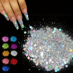50G Holographic Nail Glitter Sequins Sparkly Laser Flakes Silver Powder Mix