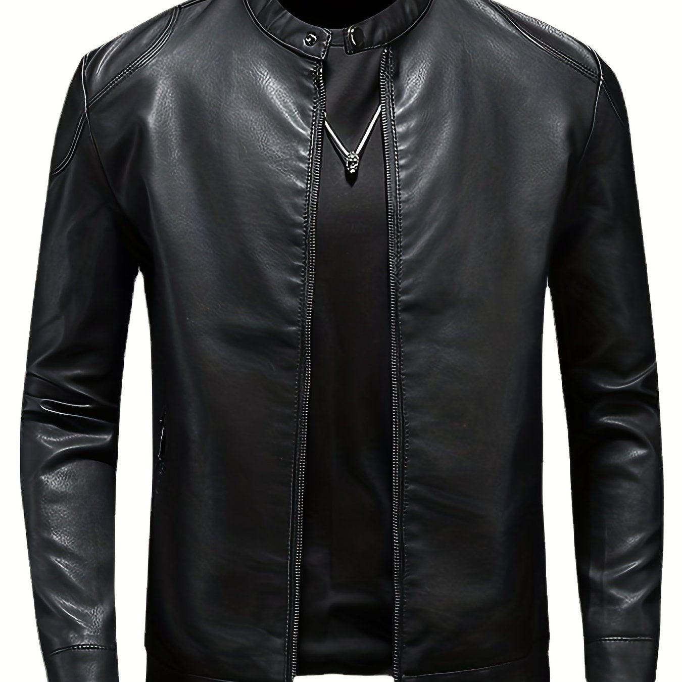 Men's Retro PU Biker Jacket Zip Up Stand Collar