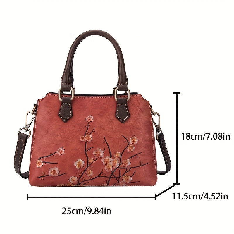 Vintage Floral Top Grain Leather Handbag Red & Coffee