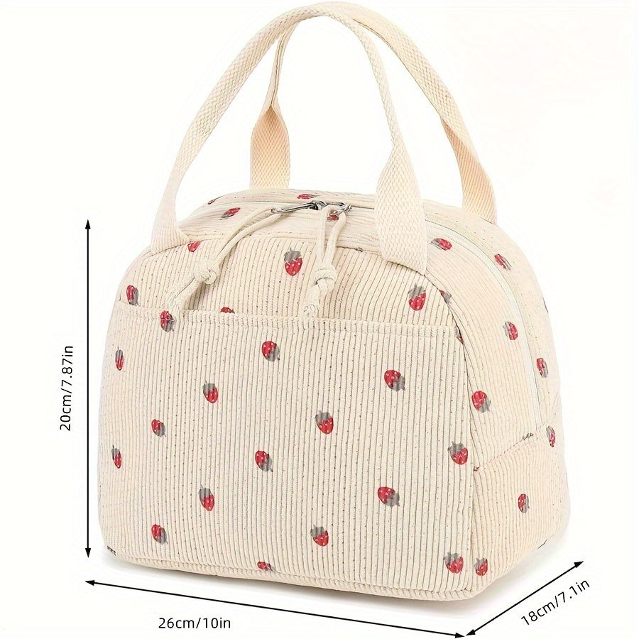 Corduroy Lunch Bag Strawberry Thermal Tote Large Capacity Cooler
