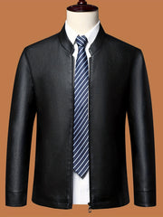 Men's Slim Fit PU Jacket Stand Collar Faux Leather Jacket