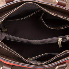 Vintage Floral Top Grain Leather Handbag Red & Coffee