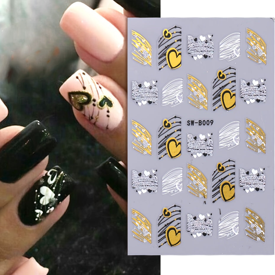 3D Golden Glitter Heart Love Nail Sticker Reflective Valentine Self Adhesive