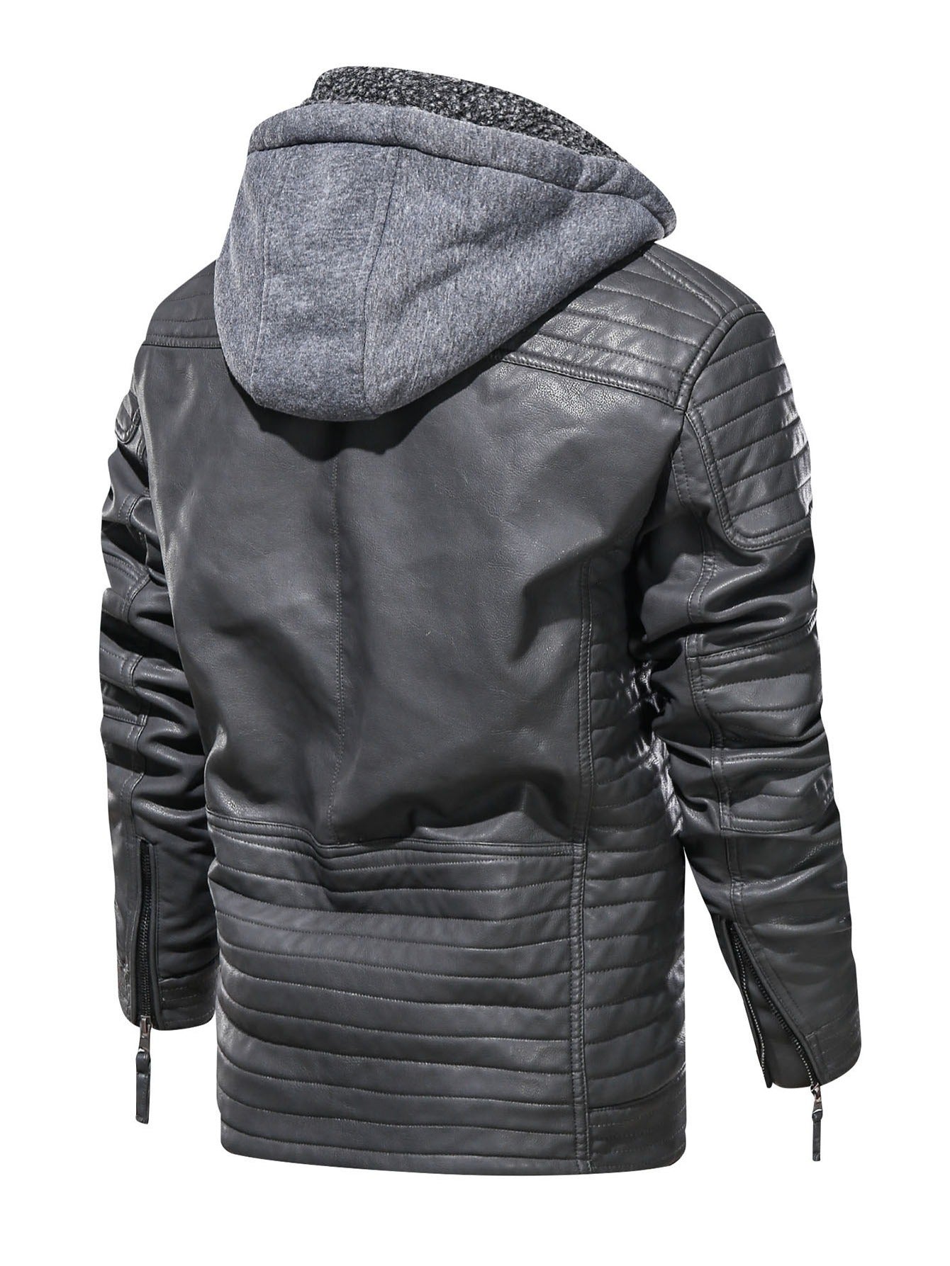 Men's Zipper Hoodie Autumn Winter Solid PU Faux Leather Jacket