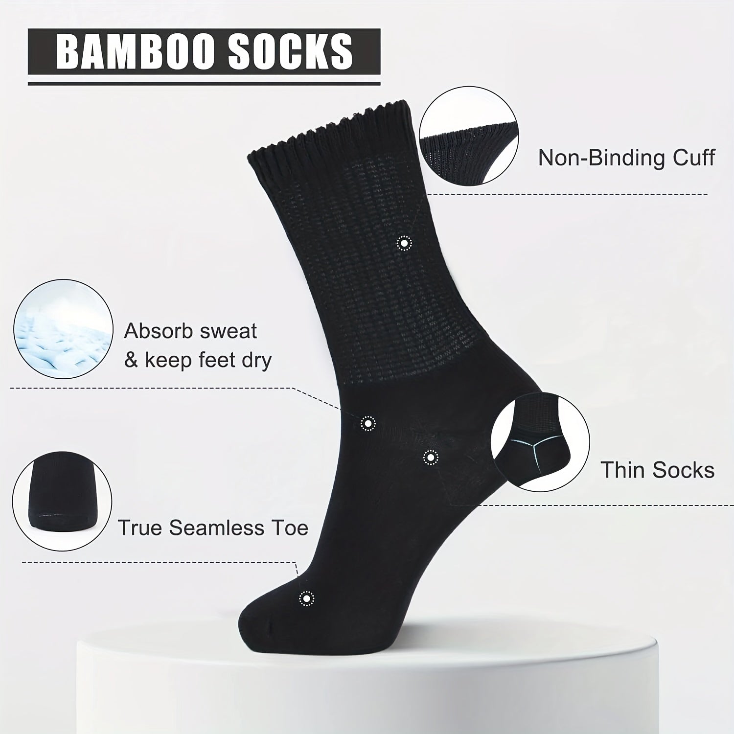 4 Pairs Bamboo Diabetic Neuropathy Socks Non Binding Loose Top & Seamless Toe