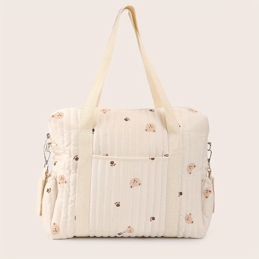 Bear Pattern Quilted Diaper Bag with Shoulder Strap & Stroller Hooks