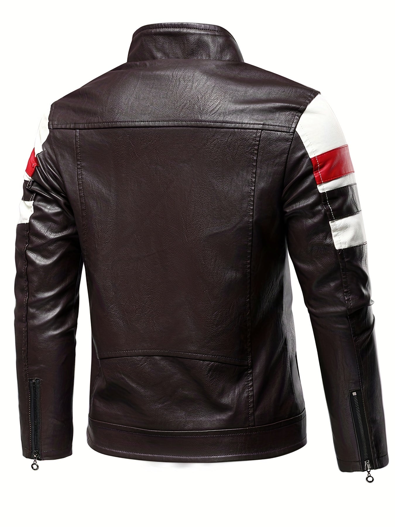 Men's Striped Leather Jacket Stand Collar Motorcycle Coat