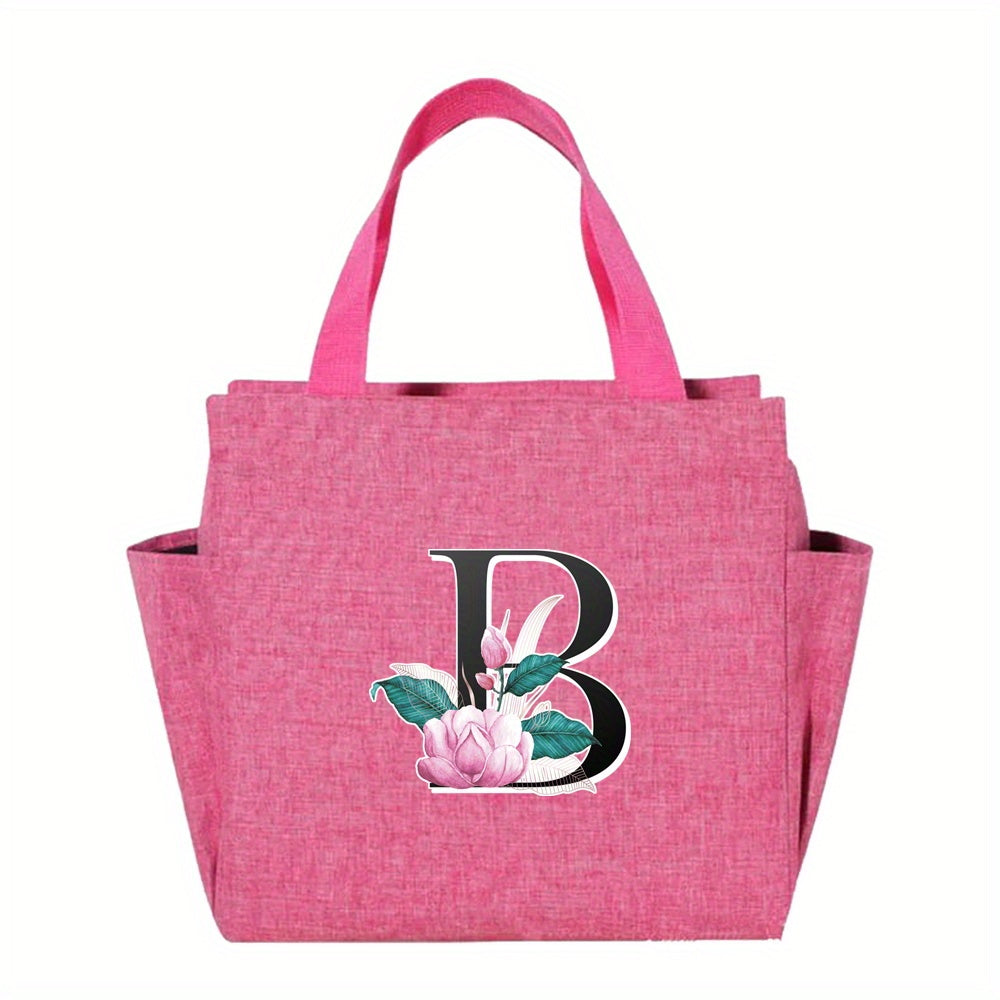 Floral Initial Insulated Lunch Bag Pink High Capacity Thermal Cooler Tote