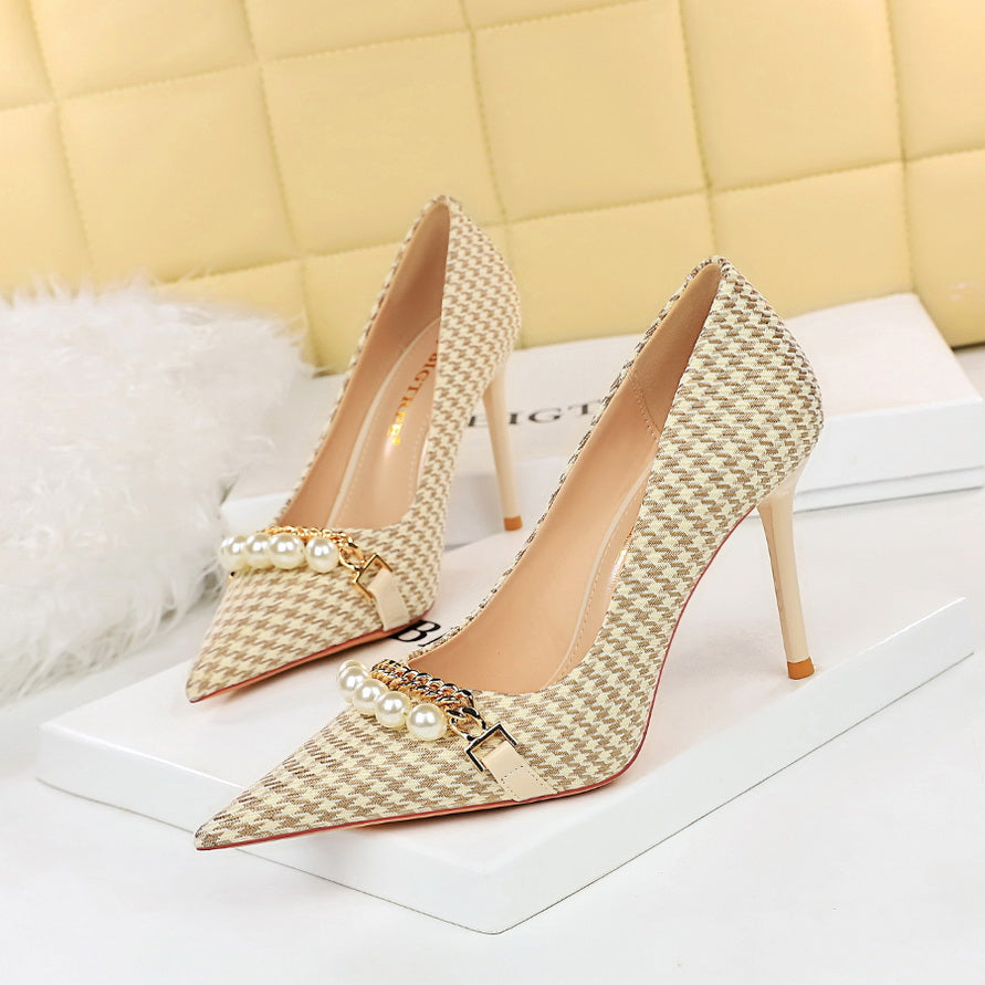 Women's Houndstooth Pointed Toe High Heels Stiletto Heels