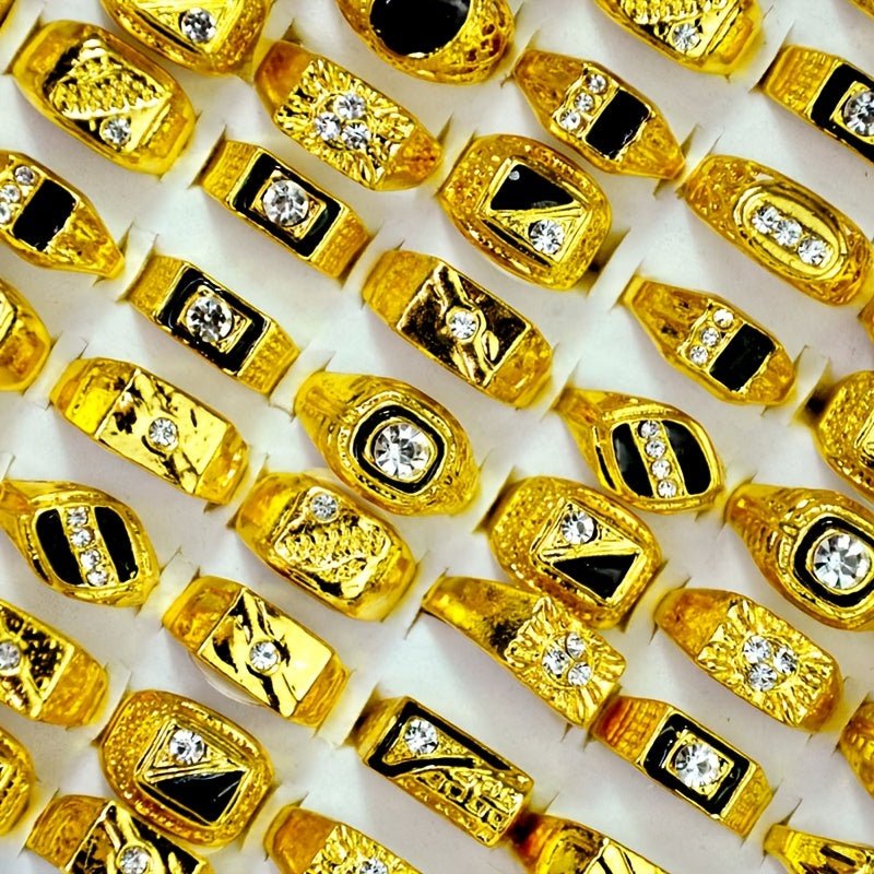 Vintage Classic Golden Crystal Metal Ring Wide Wedding Party Men Jewelry