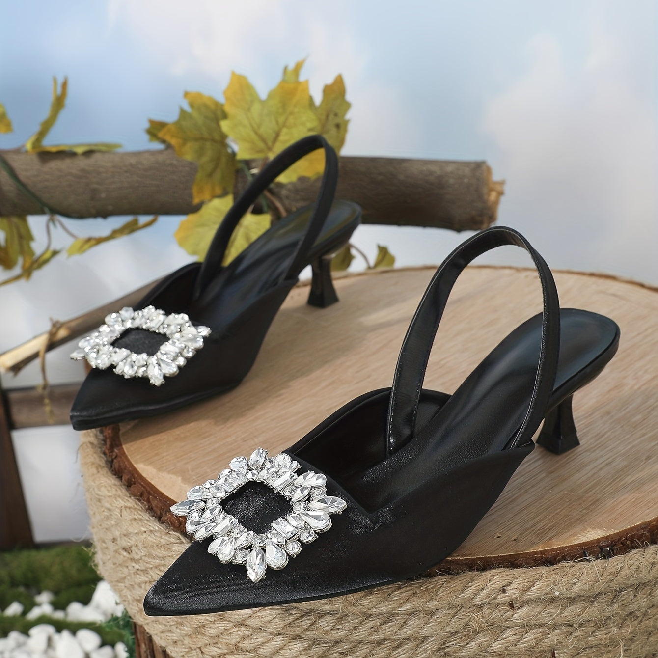 Women's Satin Kitten Heels Rhinestone Buckle Evening Dress Shoes