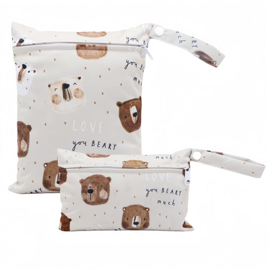 2pcs Bear Prints Cloth Diaper Bag Set with Zipper Pocket for Travel Storage