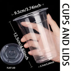 50PCS 16-20OZ Clear Plastic Cups with Flat Lids for Party Ice