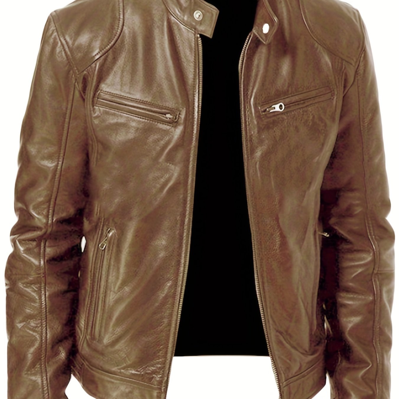 Men's Casual Zip Up PU Jacket Stand Collar Faux Leather Spring Fall